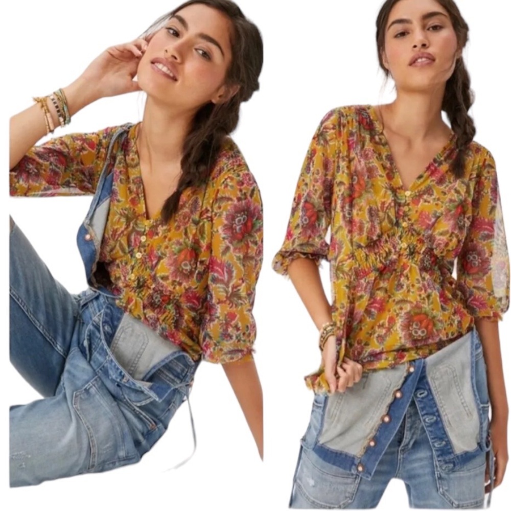 Anthropologie Gretchen Smocked Floral Tunic Top